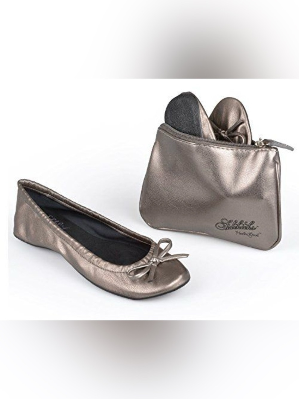Sidekicks Metallic Pewter Foldable Ballet Flats Size Small w/ Travel Pouch